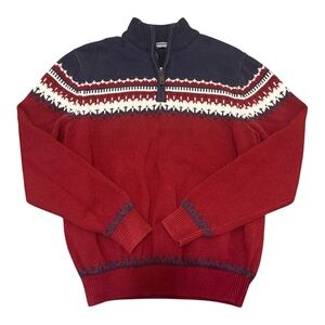 IZOD Fair Isle Knit Sweater Medium • Quarter Zip • Red Navy Winter Pullover